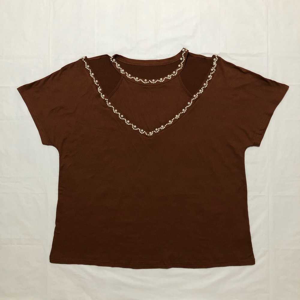 Women’s Short Sleeve Pearl-like Beads Embellishments Brown Blouse 1XL
